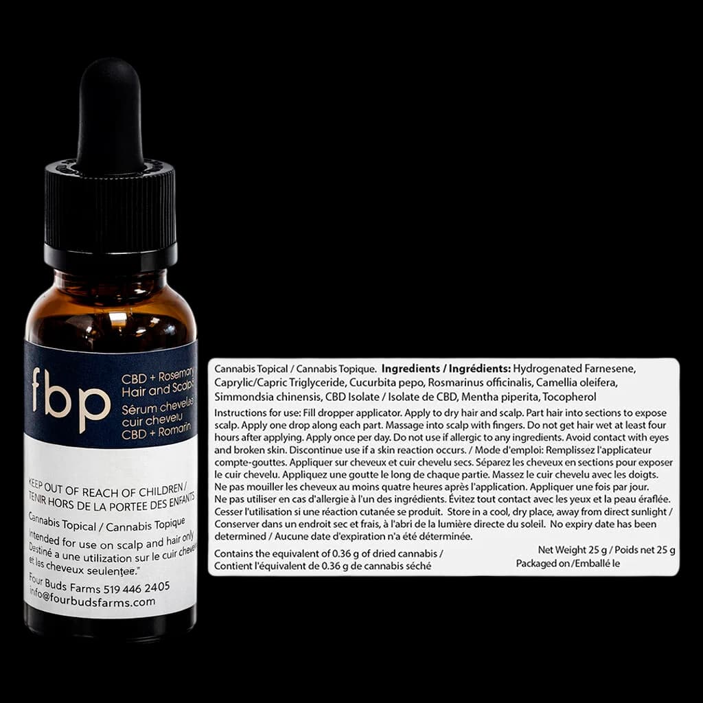 FBP CBD + Rosemary Hair and Scalp Serum 25g amber glass dropper bottle with black cap and label