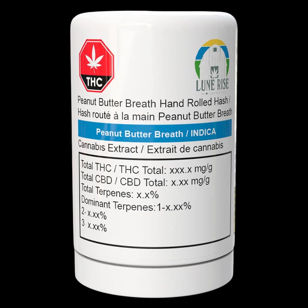 Lune Rise Farms Peanut Butter Breath hand-rolled hash package with THC warning symbol and potency information displayed on front label