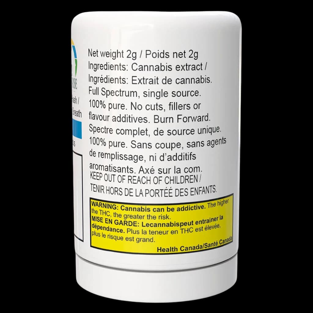 Lune Rise Farms Peanut Butter Breath Hash 2g container rear label showing cannabis extract ingredients, full spectrum single source, and Health Canada warning