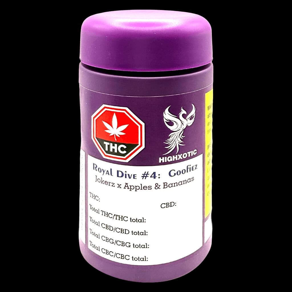 HighXotic Royal Dive #4: Goofiez cannabis dried flower jar with purple cap and label showing Jokerz x Apples & Bananas strain