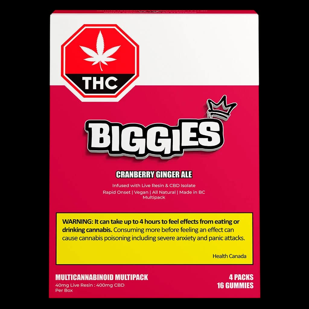 BIGGIES Cranberry Ginger Ale cannabis gummies multipack, 4 packs, 16 gummies total, infused with live resin and CBD isolate
