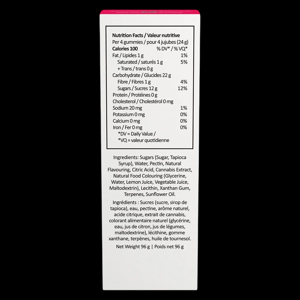 BIGGIES Cranberry Ginger Ale cannabis soft chews 96g package back panel with nutrition facts, ingredients list, and net weight