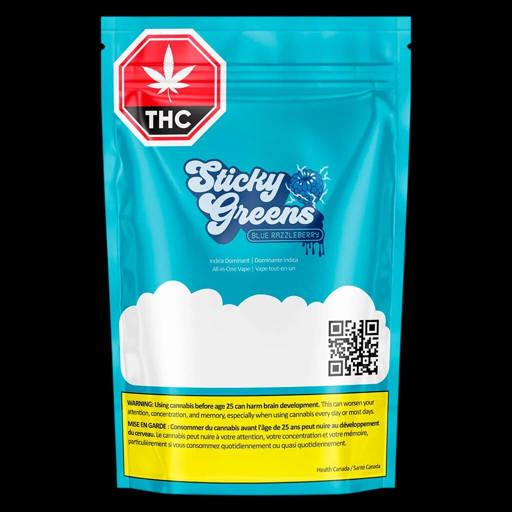 Sticky Greens Blue Razzleberry all-in-one cannabis vape cartridge with turquoise packaging and red THC badge