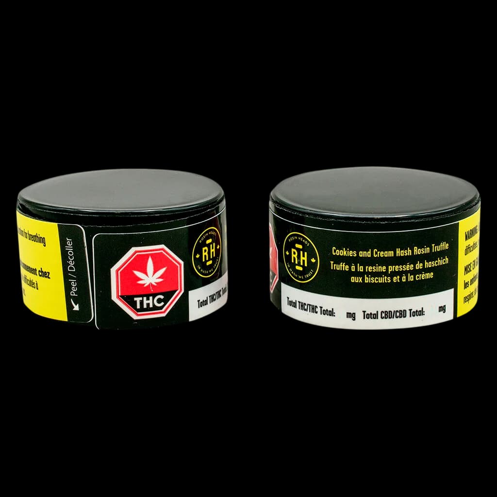 Rosin Heads Cookies and Cream Hash Rosin Truffle container, front and back view, with THC warning symbol and bilingual labeling
