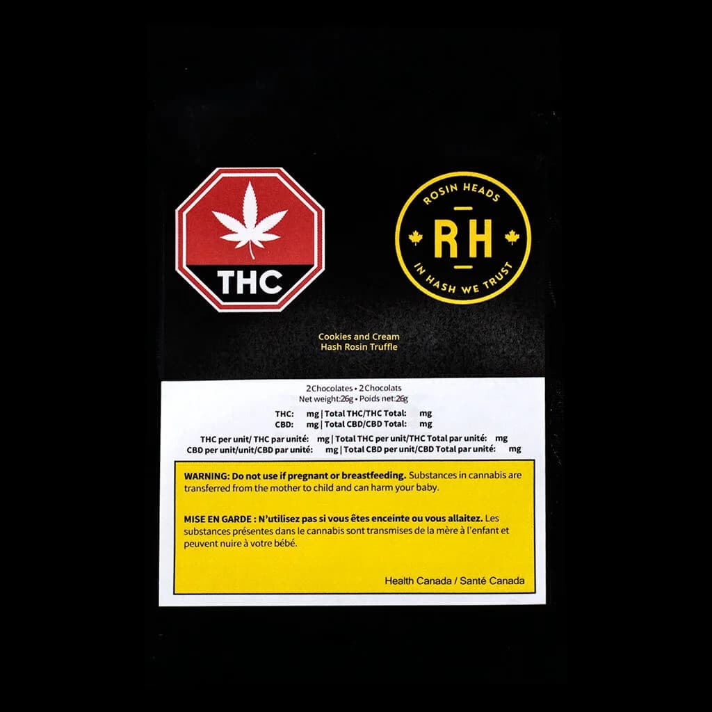 Rosin Heads Cookies and Cream Hash Rosin Truffle, 2-pack chocolate cannabis edible with THC warning label