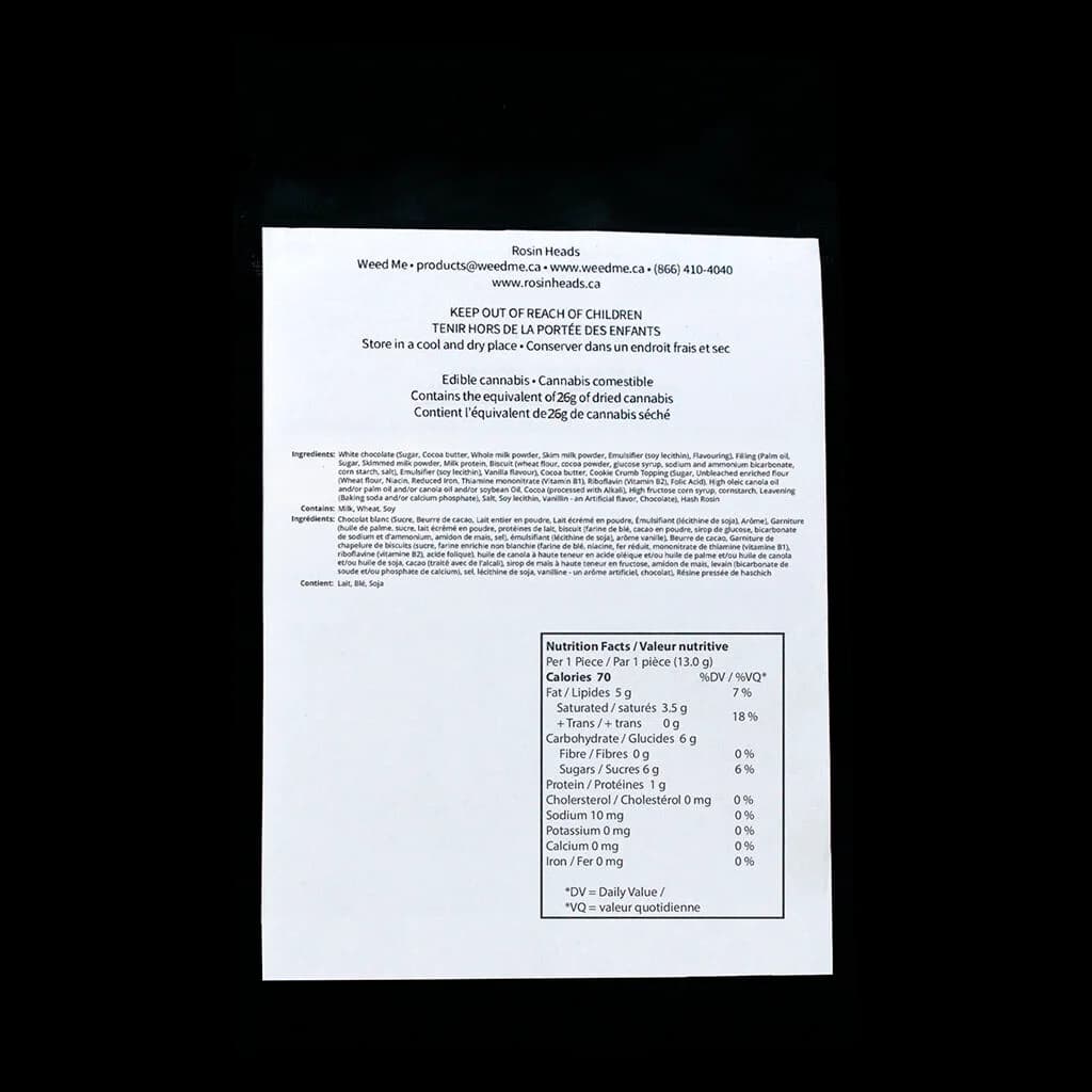 Rosin Heads Cookies and Cream Hash Rosin Truffle back label showing nutrition facts, ingredients, and cannabis edible warnings in English and French