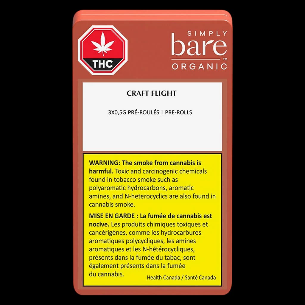 Simply Bare Organic Craft Flight pre-roll pack, 3x0.5g, with red packaging and Health Canada warning label