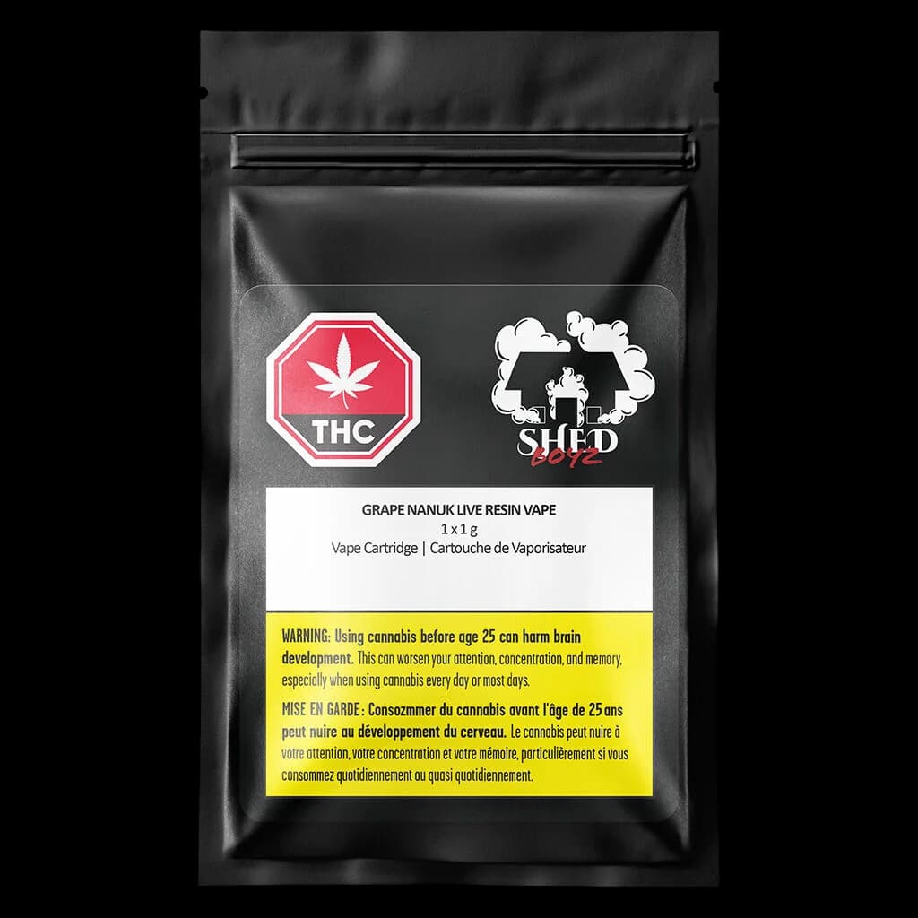 Shed Boyz Grape Nanuk Live Resin Vape 1x1g cartridge package with THC warning symbol and yellow Health Canada warning label