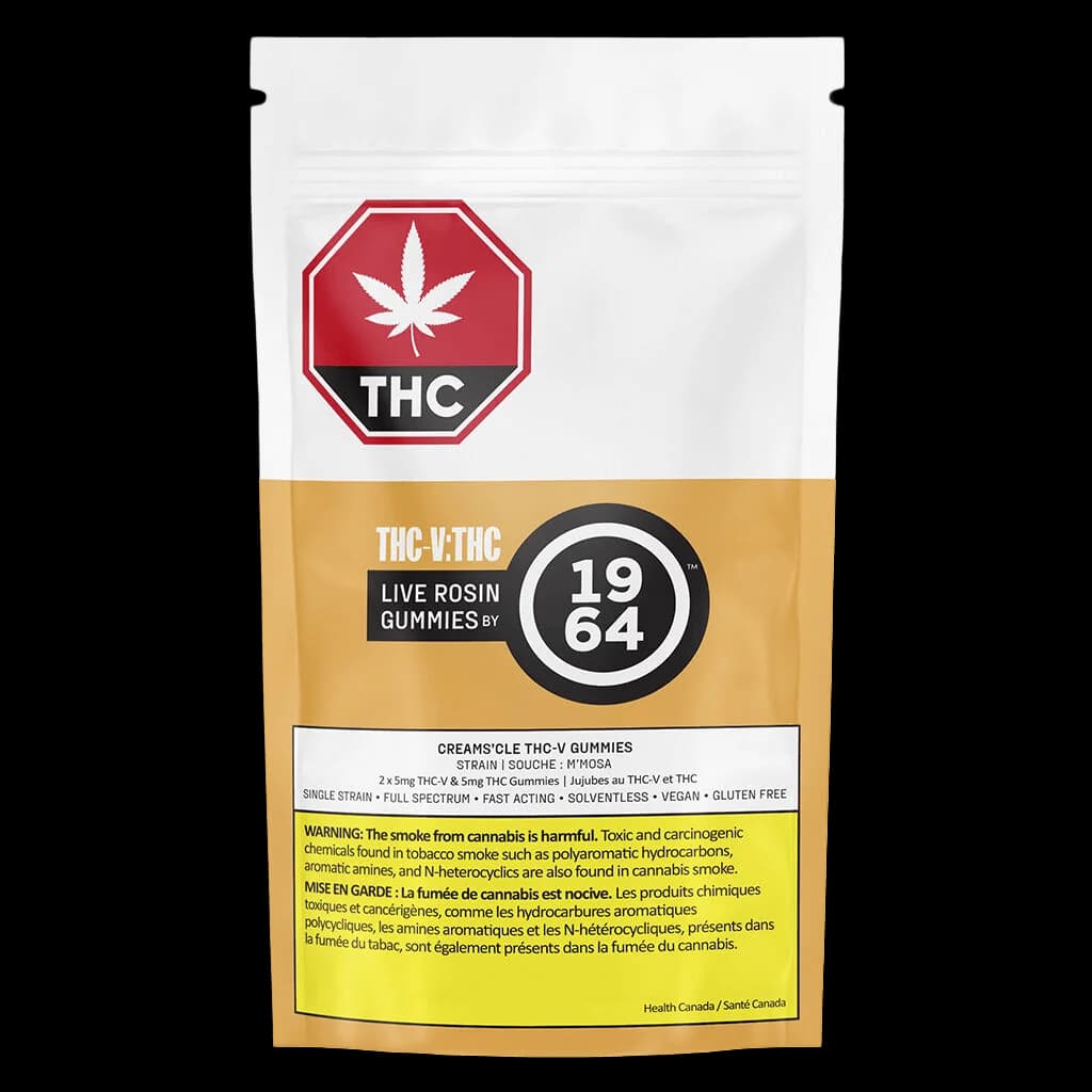 Emballage de gommes 1964 Creams'cle THC-V résine vive, 2x5mg THC-V et 5mg THC par gomme, avec symbole d'avertissement THC rouge et étiquette d'avertissement jaune de Santé Canada