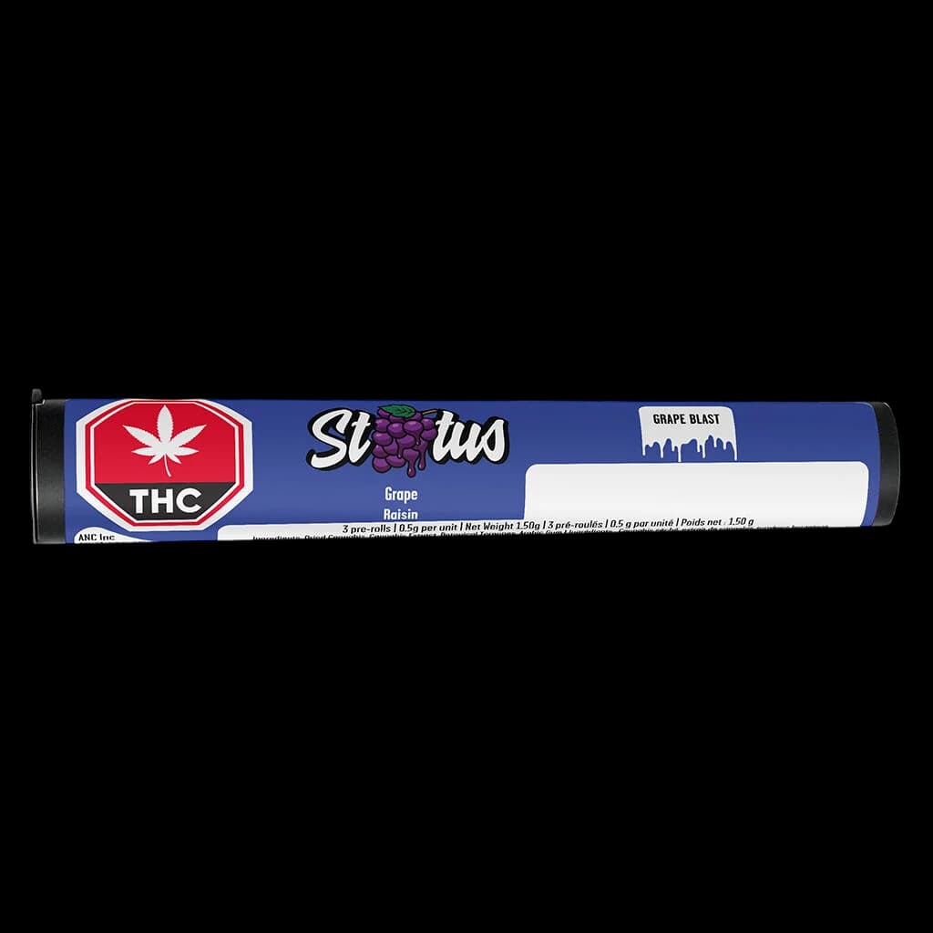 Shoptus Grape Blast cannabis pre-roll pack, 3-pack, 1.5g total net weight, THC label visible on blue packaging