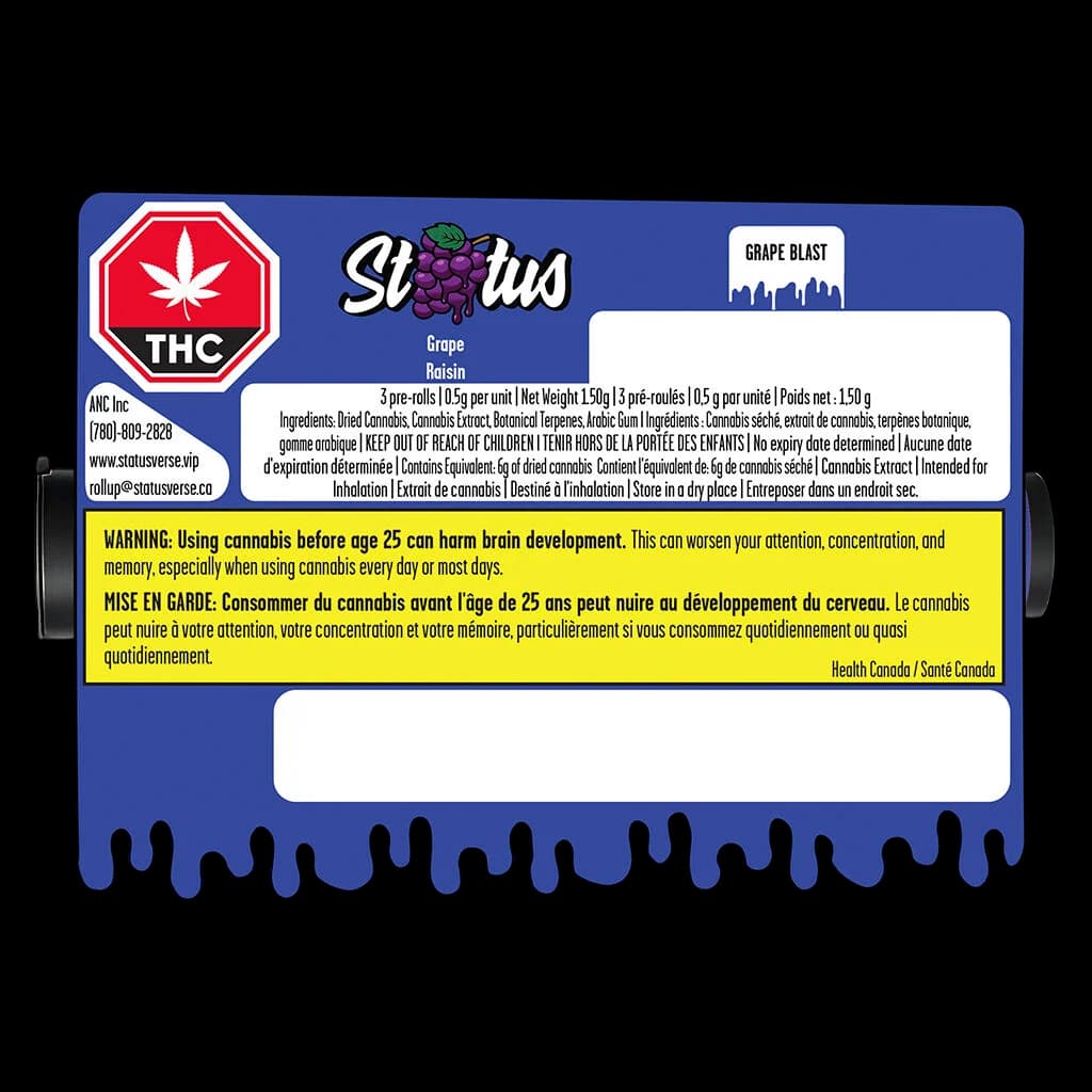 Status Grape Blast pre-roll pack, 3-pack 0.5g per unit, 1.5g total weight, with grape and raisin flavoring cannabis pre-rolls