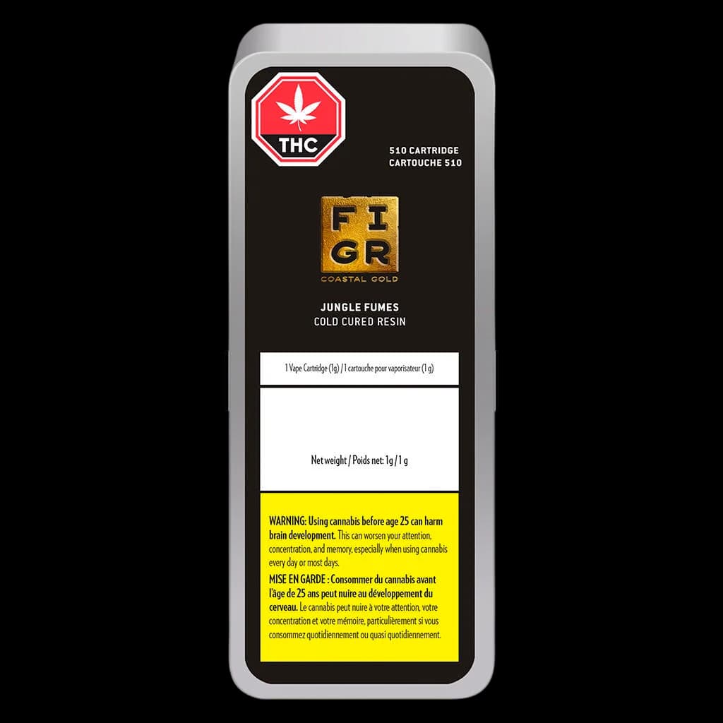 FIGR Coastal Gold Jungle Fumes cold cured resin 510 cartridge 1g with THC warning label and Health Canada regulatory text