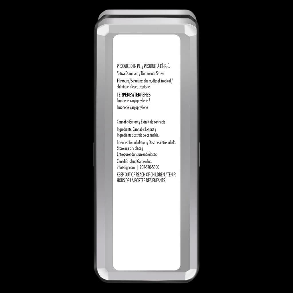 Canada's Island Garden Inc. cannabis extract vape cartridge packaging with bilingual product information, terpene profile, and storage instructions