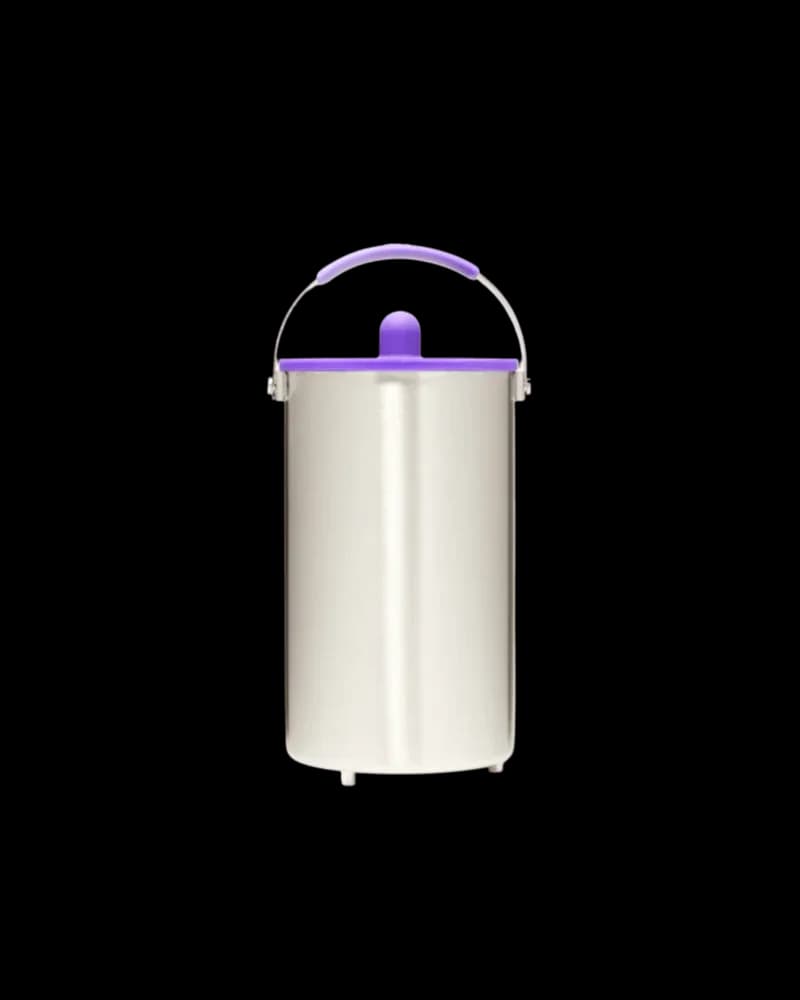 Ardent Vessel stainless steel container with purple lid and handle, cannabis storage accessory
