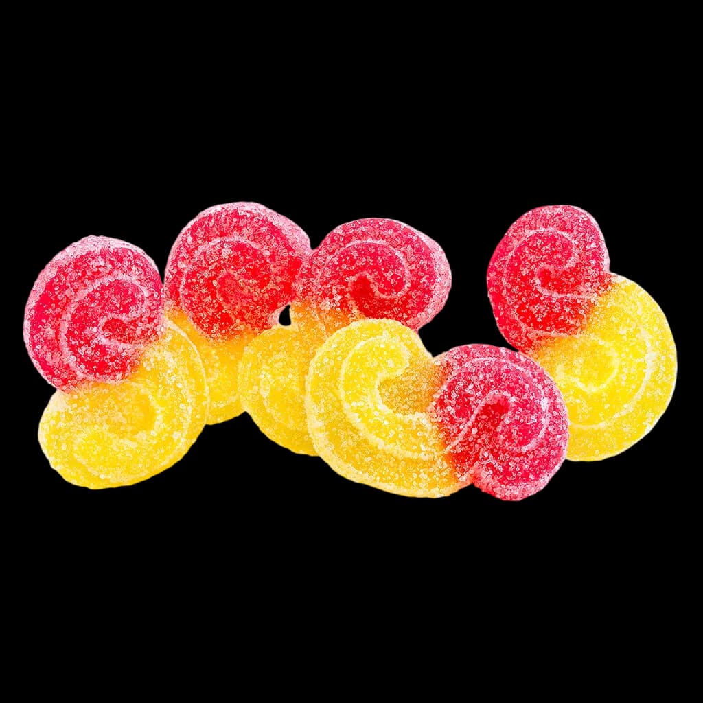 SOURZ by Spinach Fraise Mangue 25 g gommes à mâcher tendres sativa avec des bonbons gélifiés rouges et jaunes affichés à côté de l'emballage