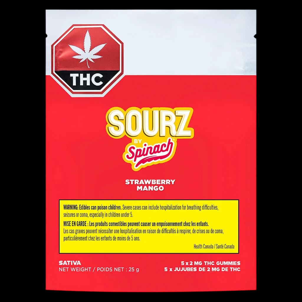 Emballage de 25 g de gommes au cannabis SOURZ by Spinach Fraise Mangue Sativa avec étiquette d'avertissement THC et mise en garde bilingue de Santé Canada