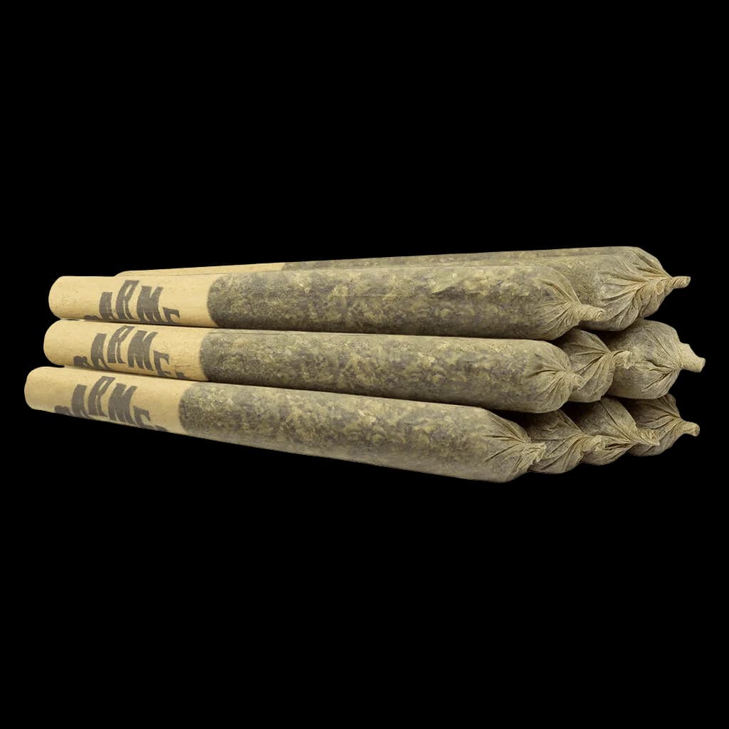 Three Carmel pre-rolls stacked showing cannabis flower inside paper wrapping with brand label visible