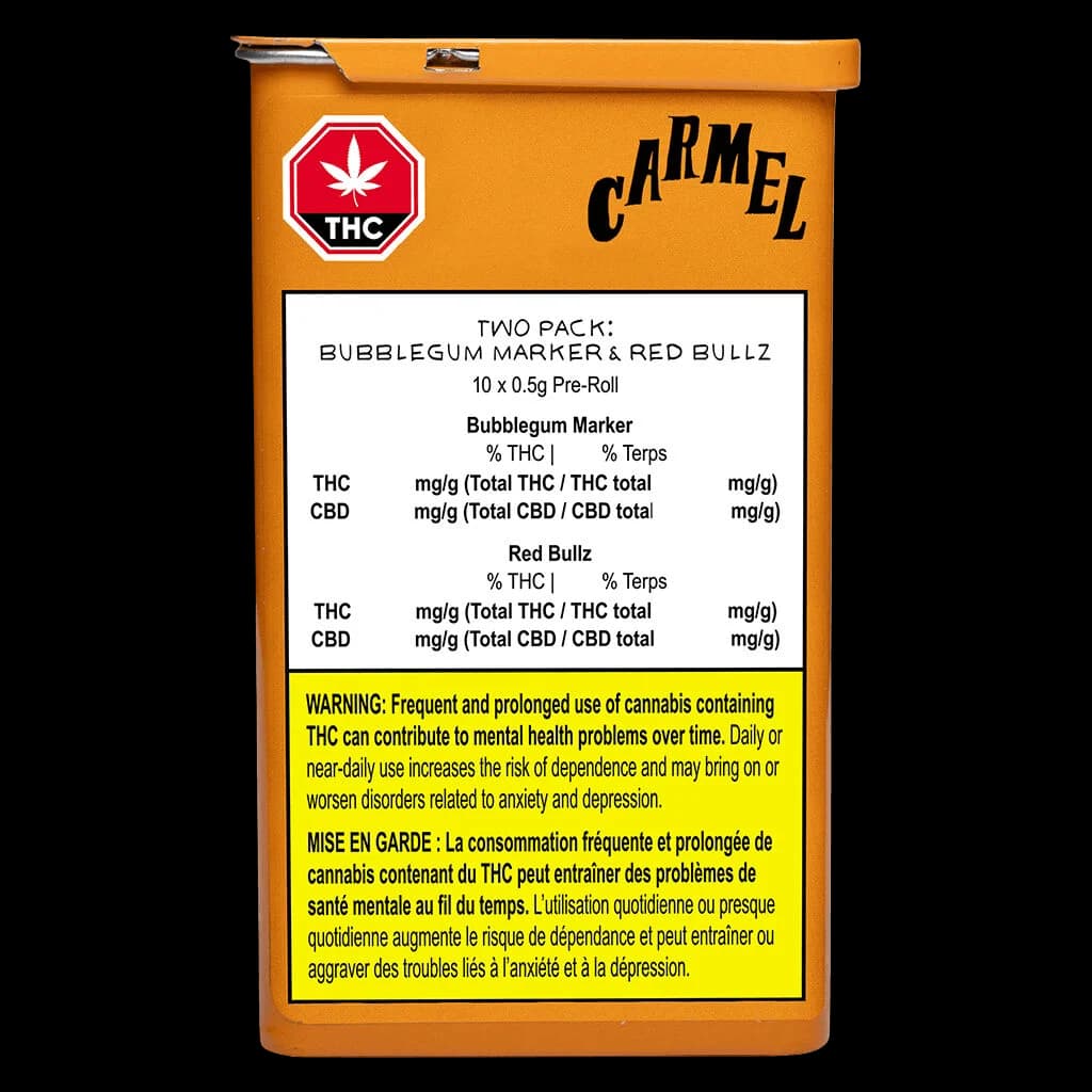 Carmel Two Pack pre-roll box with Bubblegum Marker and Red Bullz strains, 10 x 0.5g pre-rolls, orange packaging with THC warning symbol