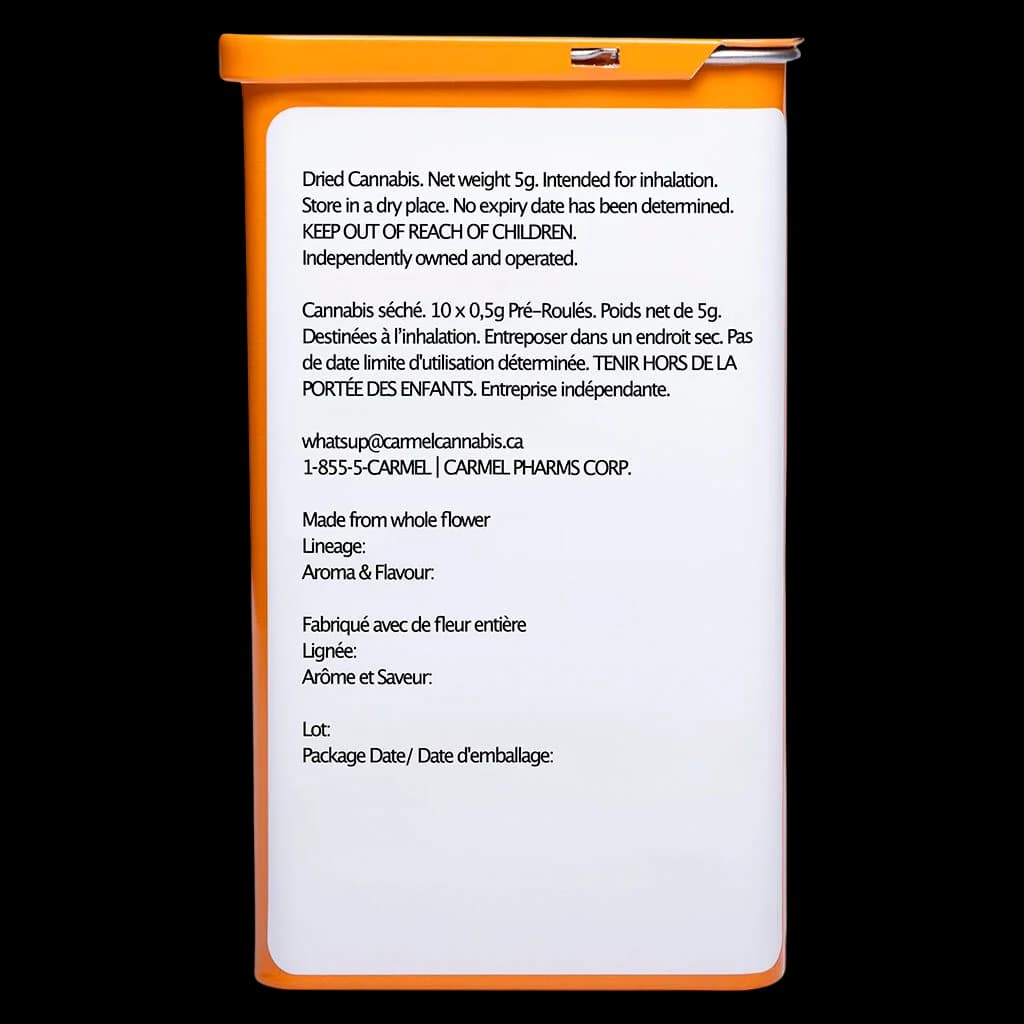 Carmel pre-roll package rear label showing 10 x 0.5g dried cannabis pre-rolls, 5g total net weight, bilingual warning text, and product information