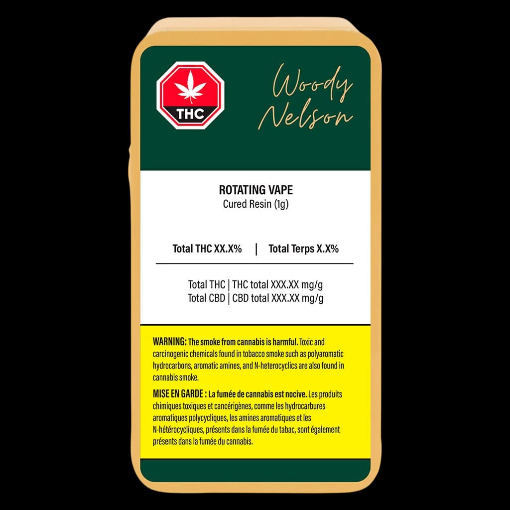 Cartouche de vapotage à résine séchée rotative Woody Nelson 1 g, fil 510, avec informations sur la concentration en THC et en terpènes