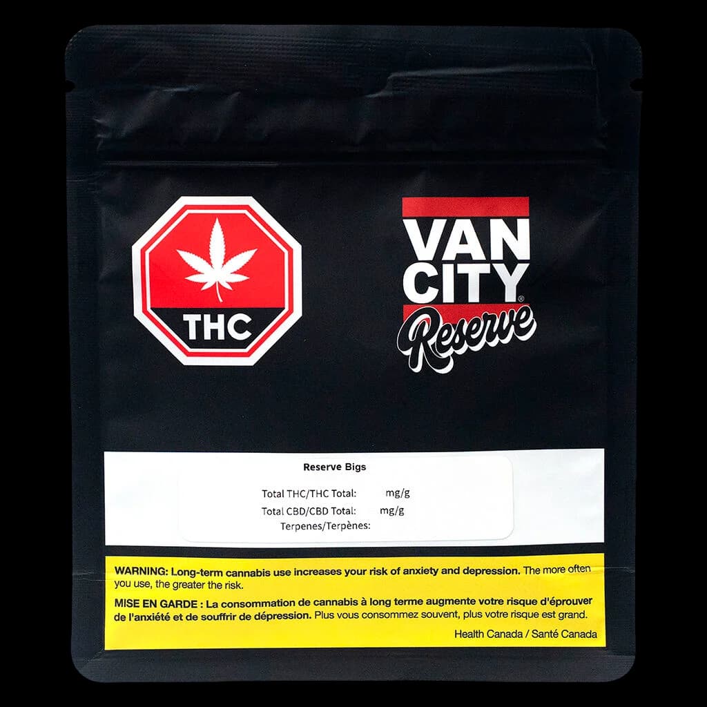 Van City Reserve black pouch with red THC symbol, Reserve Bigs label, and Health Canada warning