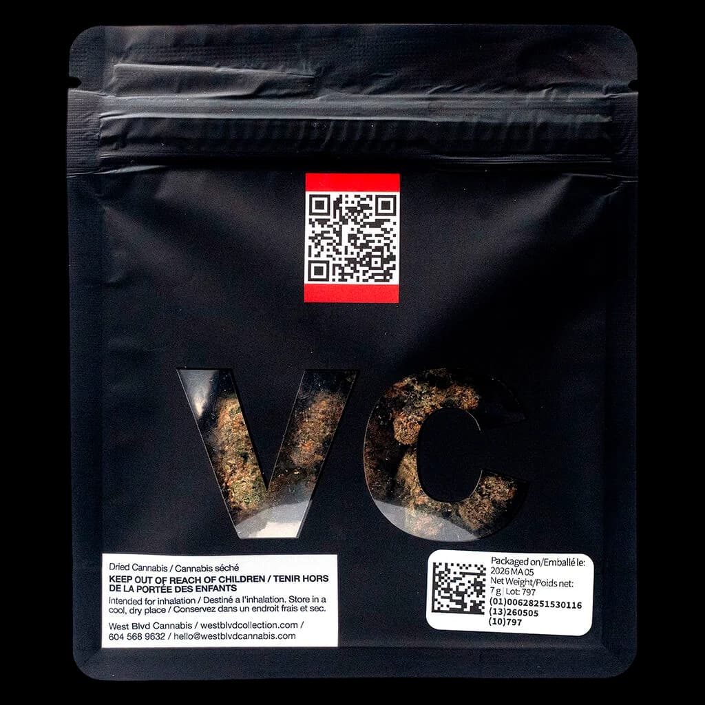 The Vancity Cannabis Brand Reserve Bigs 7g dried flower pouch with visible cannabis flower through clear window panels