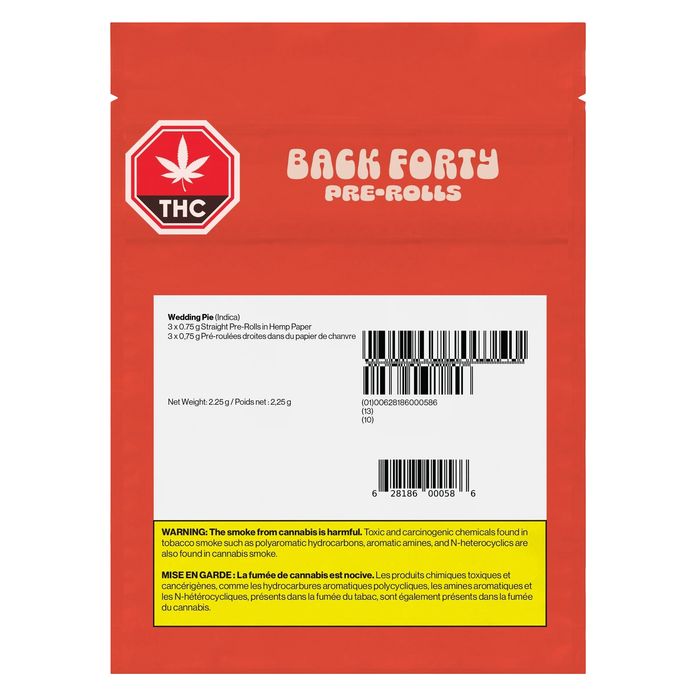 Back Forty Wedding Pie pre-roll pack, 3 x 0.75g straight pre-rolls in hemp paper, 2.25g total