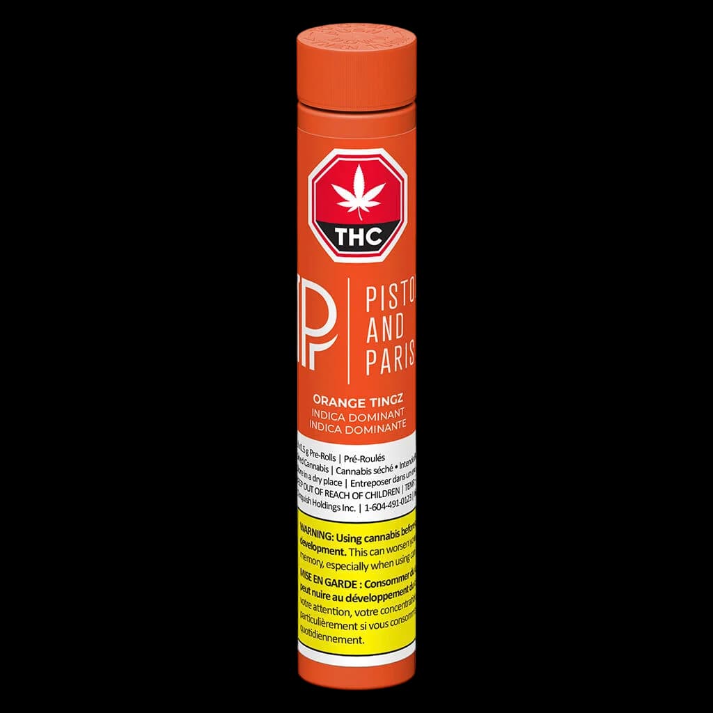 Pistol and Paris Orange Tingz pre-roll pack with orange tube, THC warning symbol, and yellow Health Canada warning label