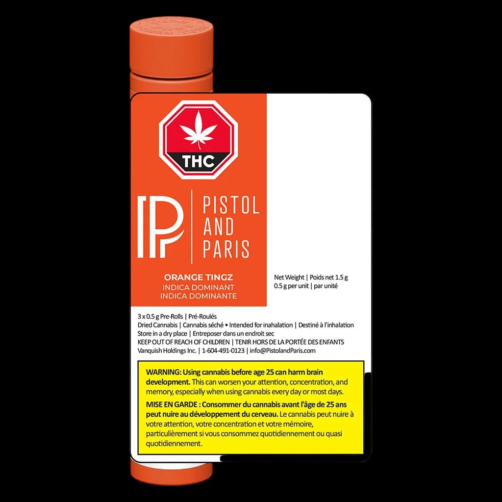 Pistol and Paris Orange Tingz pre-roll package, 3 x 0.5g dried cannabis pre-rolls, indica dominant strain