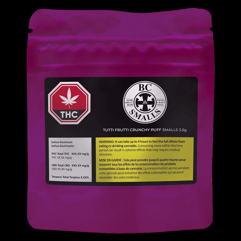 Sachet de 3,5 g de fleurs de cannabis séchées BC Smalls Tutti Frutti Crunchy Puff Smalls avec emballage violet