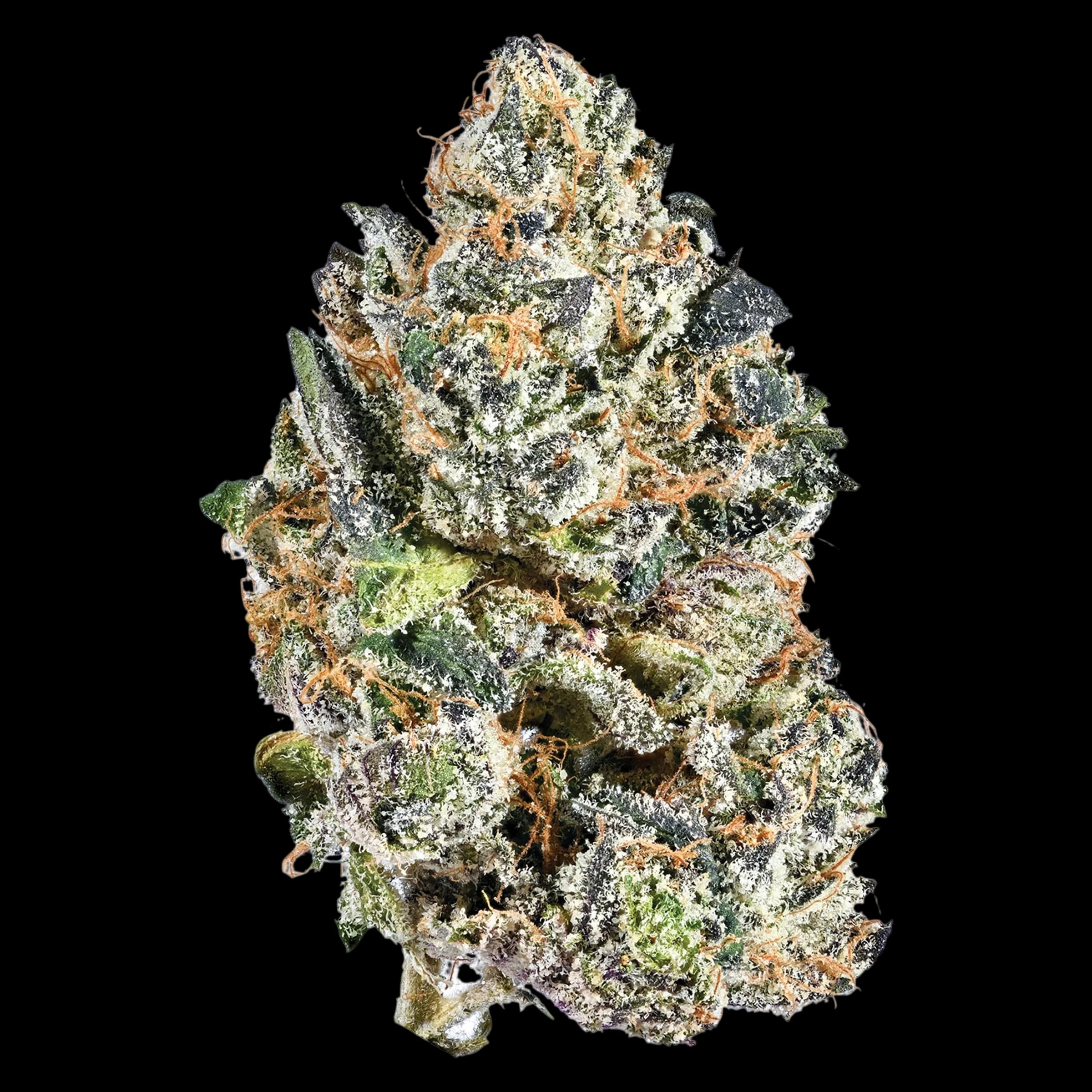 Nugz Indica cannabis dried flower with dense green buds covered in white trichomes and orange pistils