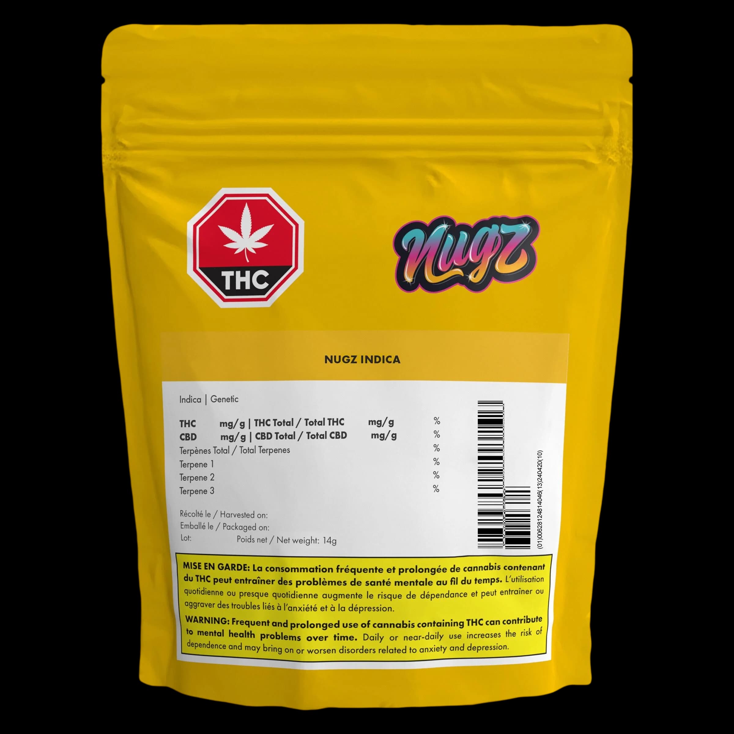 Nugz Indica 14g cannabis dried flower pouch with yellow packaging, THC logo, and regulatory label