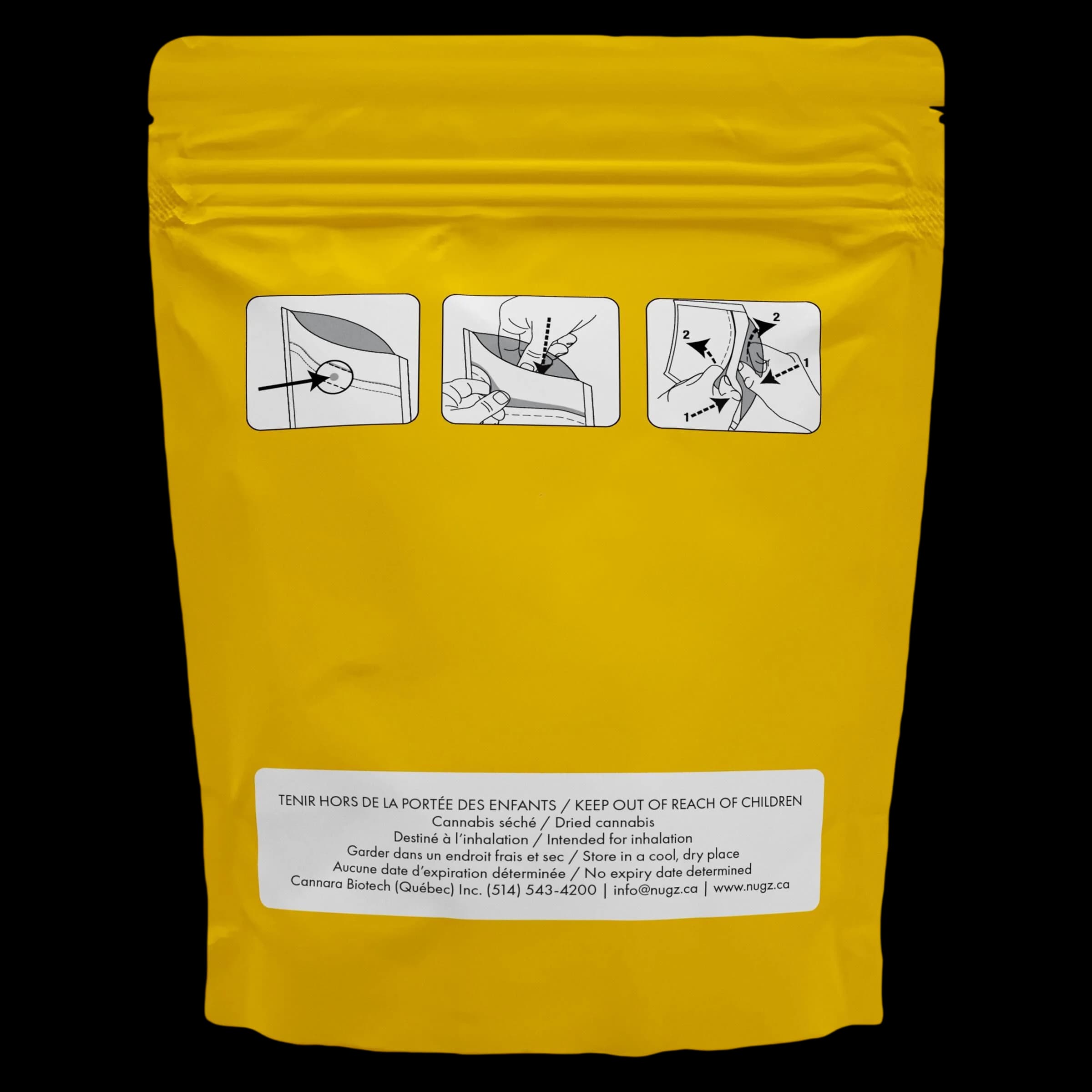 Nugz dried cannabis flower in yellow resealable pouch with child safety lock and bilingual warning label