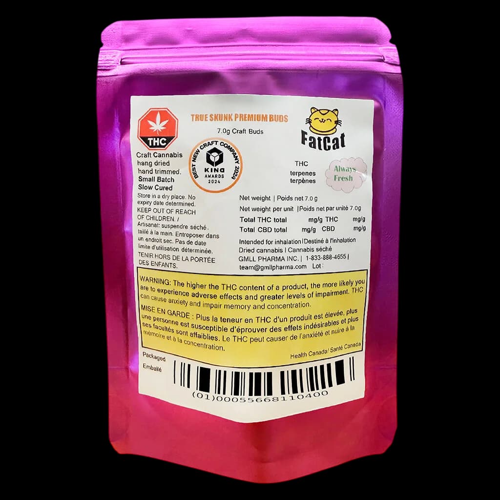 True Skunk Premium Buds 7.0g dried cannabis flower by FatCat in magenta mylar pouch with front label visible