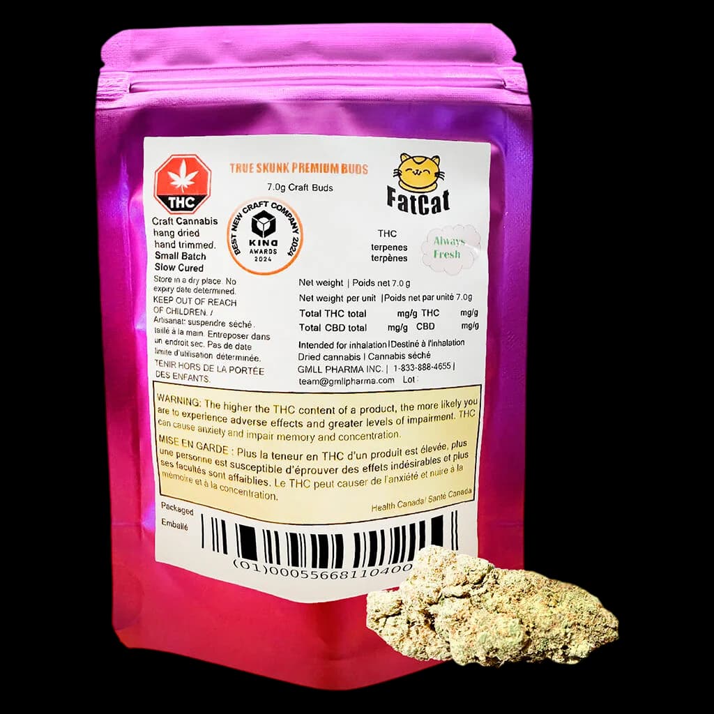 FatCat True Skunk Premium Buds 7.0g dried cannabis flower with visible buds displayed beside pink pouch packaging