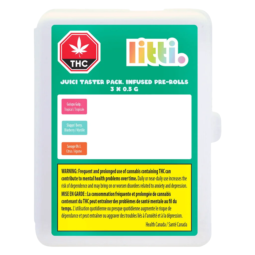Litti Juici Taster Pack infused pre-rolls 3 x 0.5g with three flavour varieties: Gulupa Gulp, Slappin' Berry, and Savage Oh J.