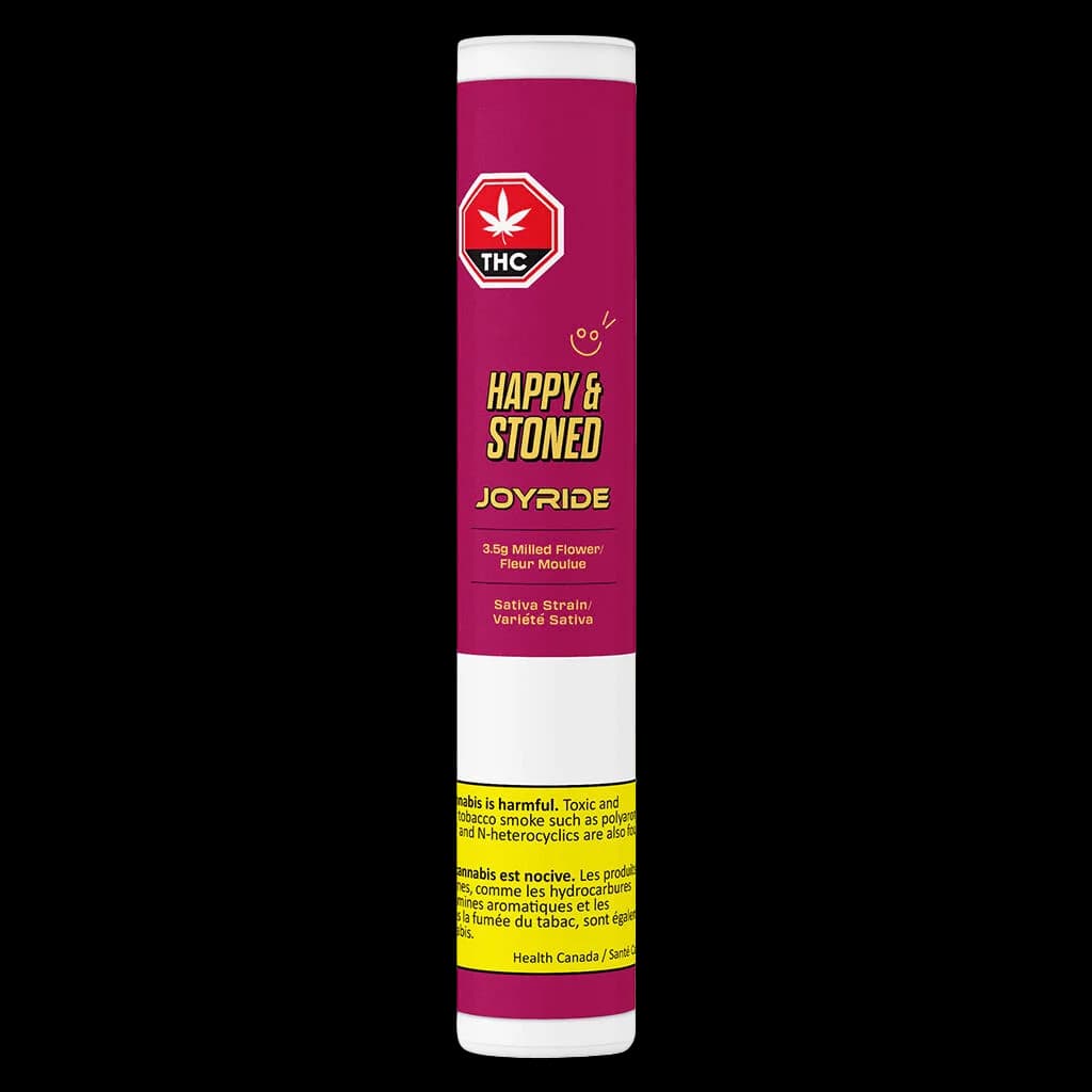 Emballage de 3,5 g de fleur moulue sativa Joyride de Happy & Stoned avec contenant cylindrique magenta et blanc et mise en garde de Santé Canada