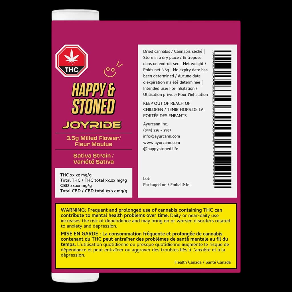 Fleur moulue Joyride de Happy & Stoned 3,5 g, variété sativa, emballage avant avec symbole d'avertissement THC et étiquette d'avertissement de Santé Canada