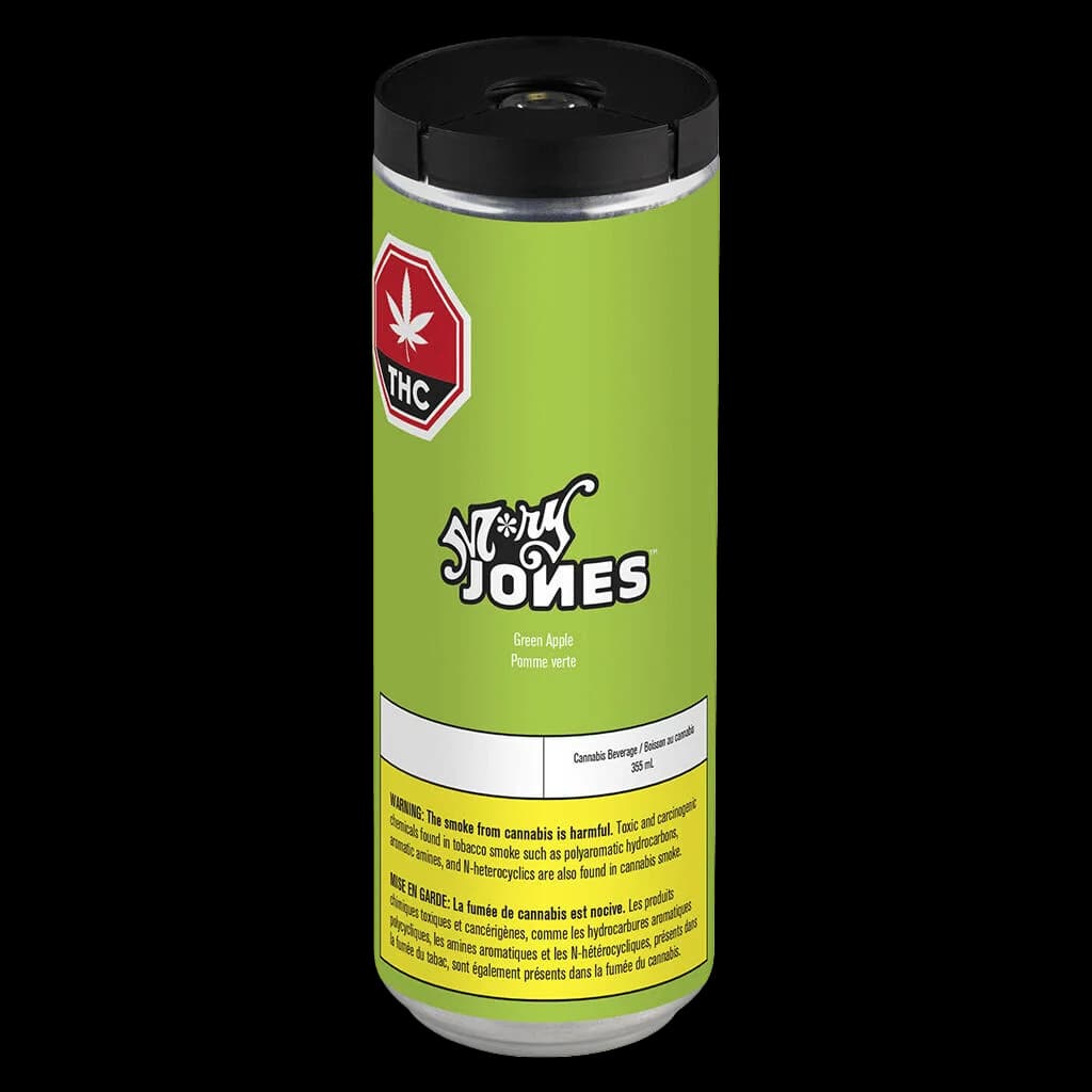 Mary Jones Green Apple cannabis beverage 305 mL bottle with black cap and lime green label