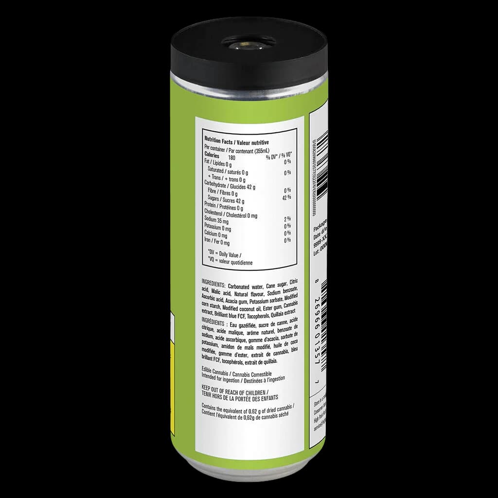M*ry Jones Green Apple cannabis beverage can showing nutrition facts, ingredients, and bilingual labeling