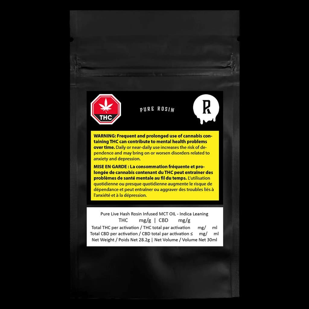 Pure Live Hash Rosin Infused MCT Oil cannabis concentrate, 28.2g pouch with red THC warning symbol and yellow Health Canada warning label