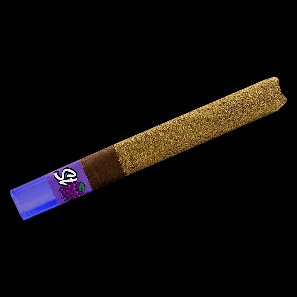 Status Grape Blast Liquid Diamond Infused Kief Coated Blunt with purple label and gold kief coating