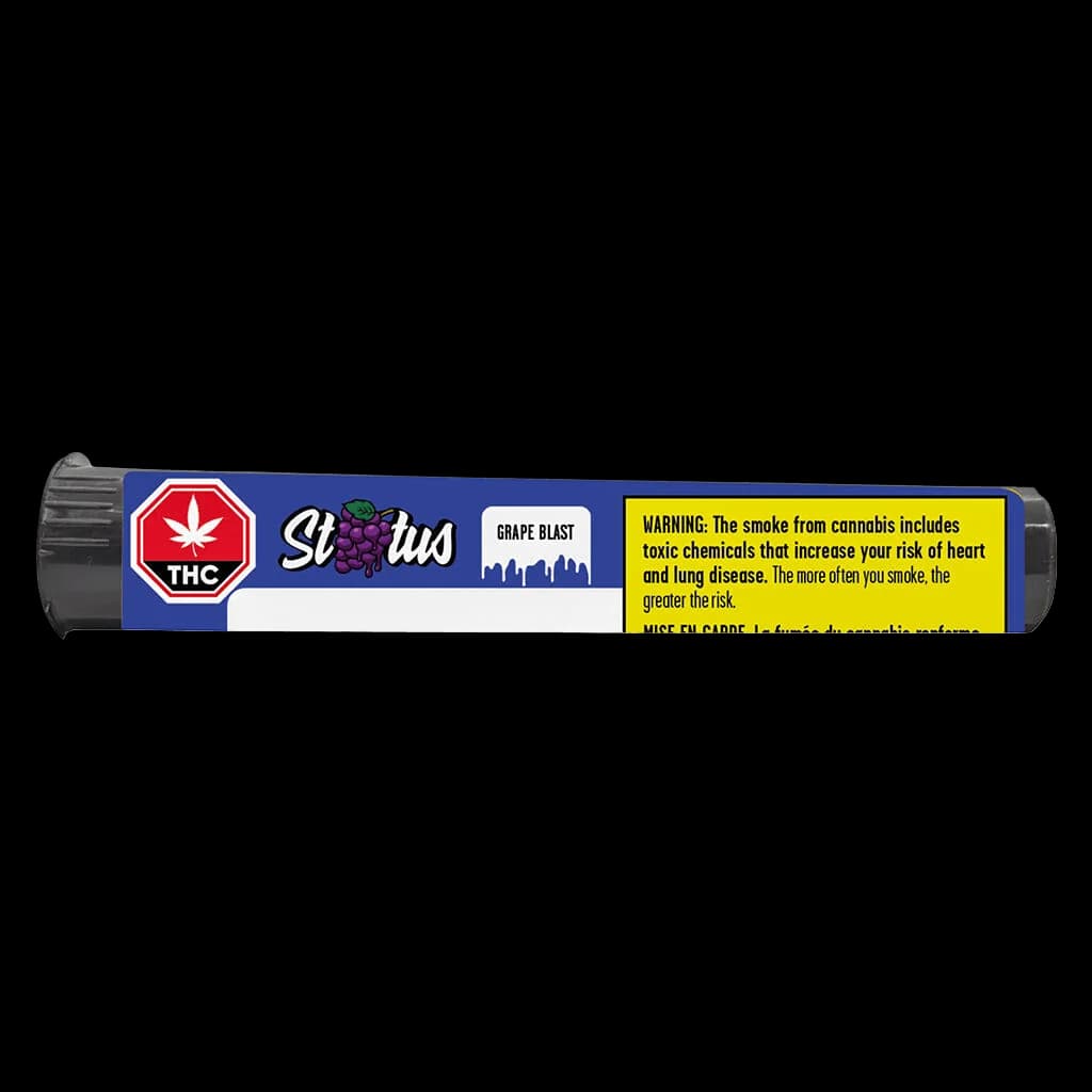 Status Grape Blast pre-roll with THC warning label and Health Canada health warning on blue packaging