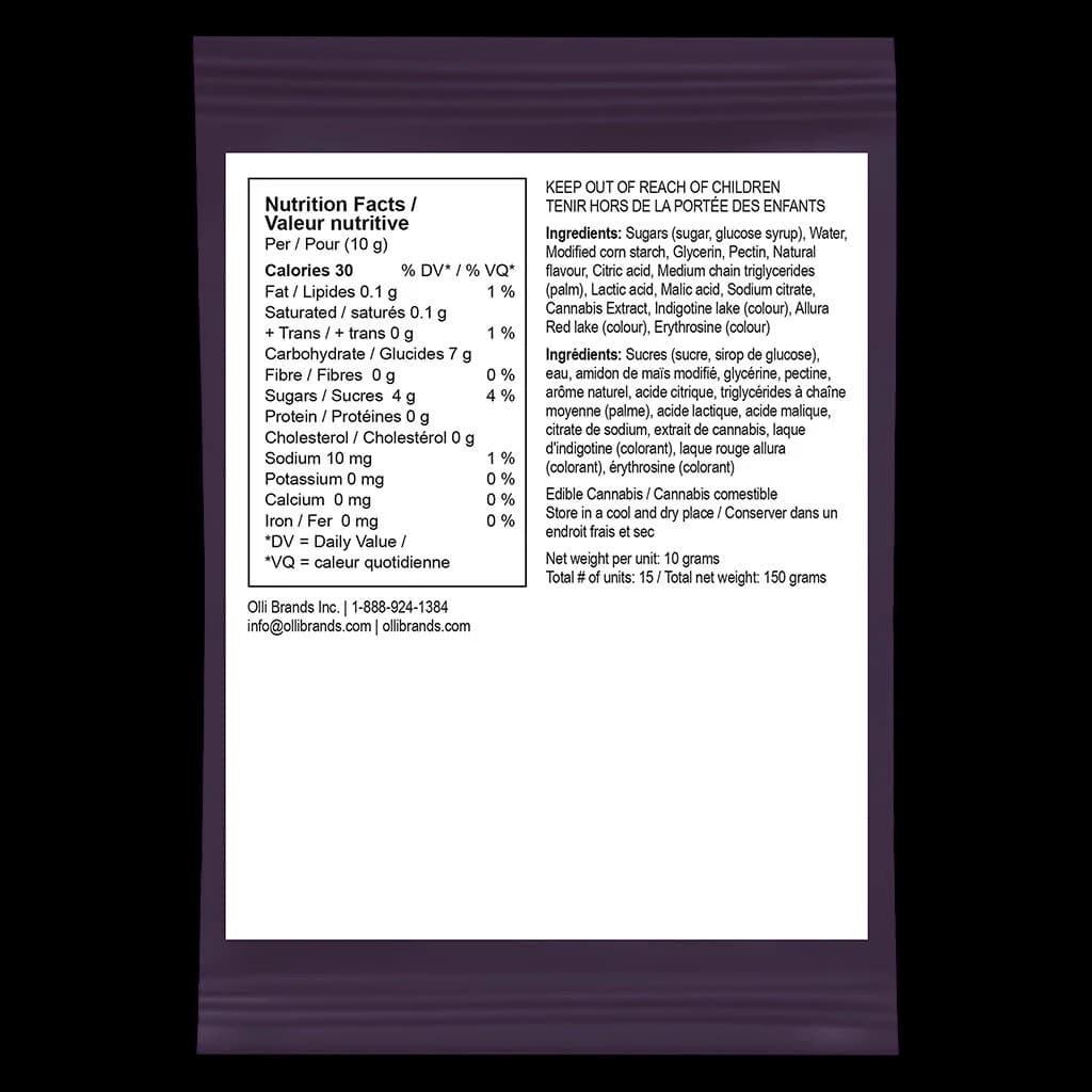 Olli Brands cannabis gummy back label showing nutrition facts, ingredients, and storage instructions for 150g THC edible
