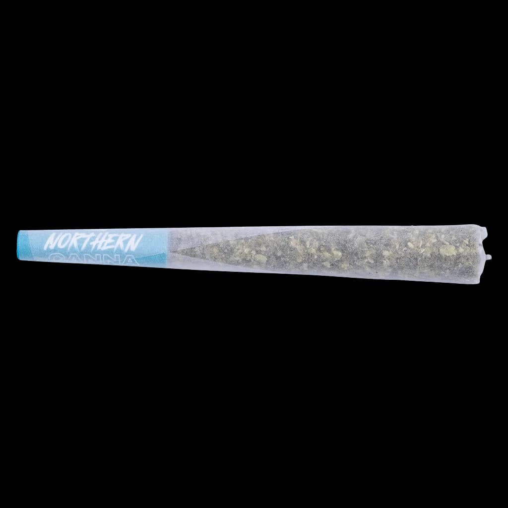 Northern Canna pre-roll with visible cannabis flower inside clear tube and blue label