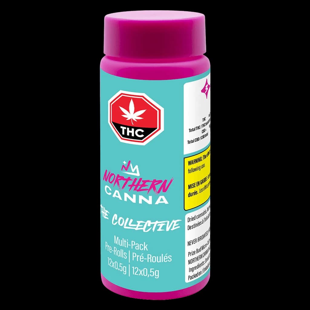 Northern Canna The Collective multi-pack pre-rolls, 12x0.5g, turquoise and magenta packaging with THC symbol