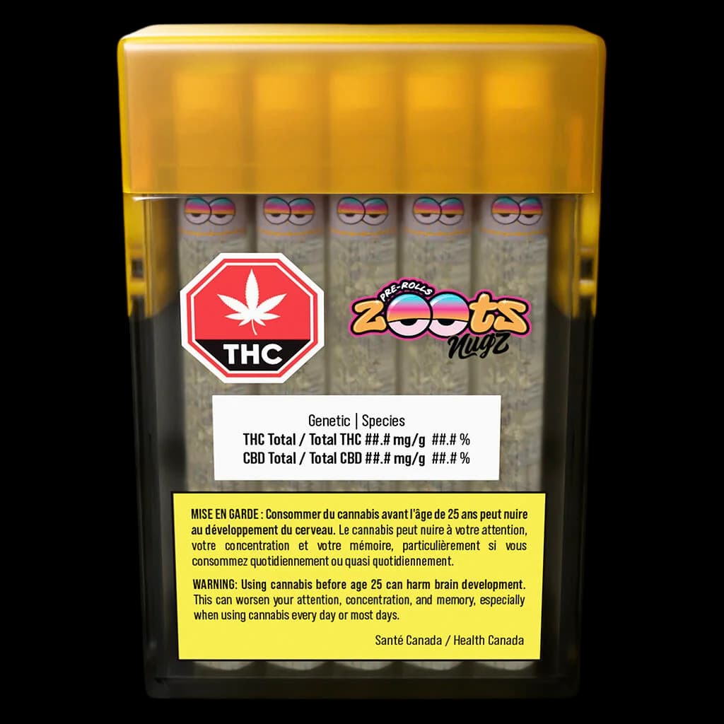 Zoots Nugz pre-roll pack with 5 cannabis pre-rolls visible inside yellow packaging, THC warning label and Health Canada branding displayed