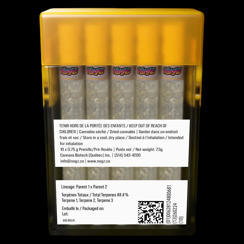 Nugz Wagyu Delight 10-pack pre-rolls, 7.5g total, yellow and black packaging with five visible cannabis pre-rolls
