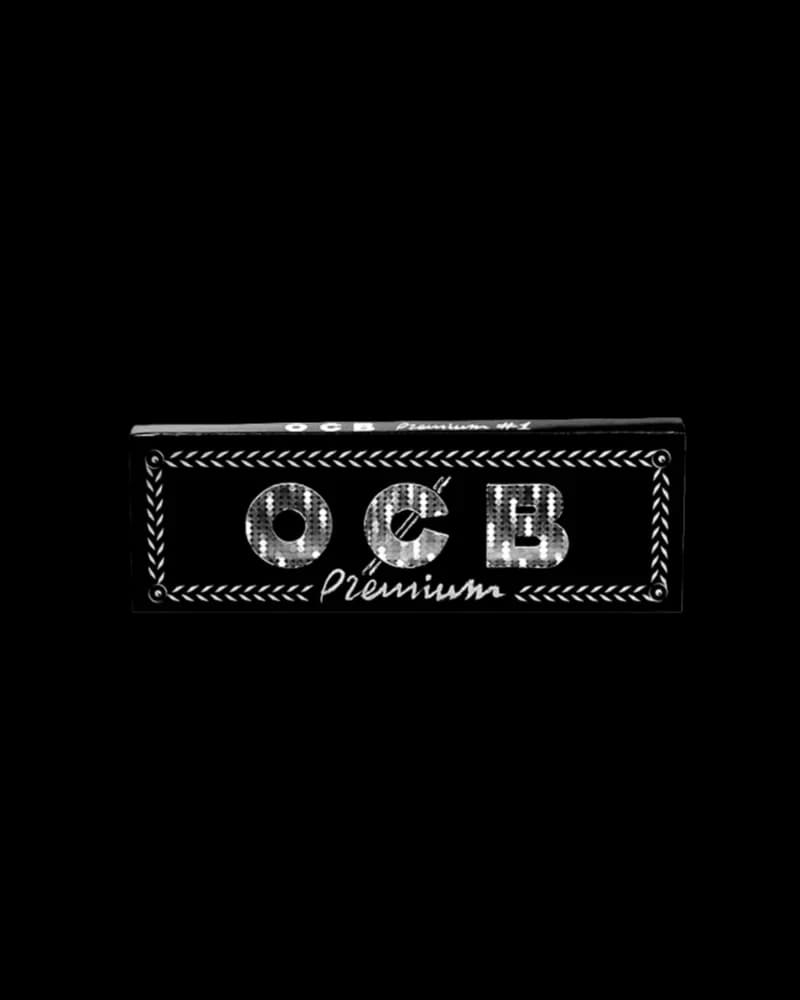 OCB Premium 1" rolling papers black pack with silver lettering and decorative border design