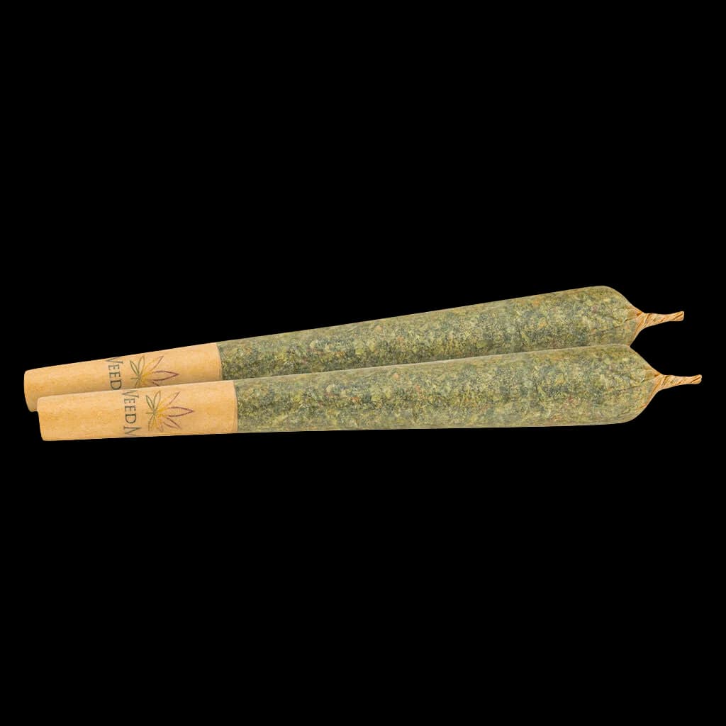 Weed Me Farm Gas pre-roll pack, two cannabis pre-rolls with natural paper wraps and green flower visible